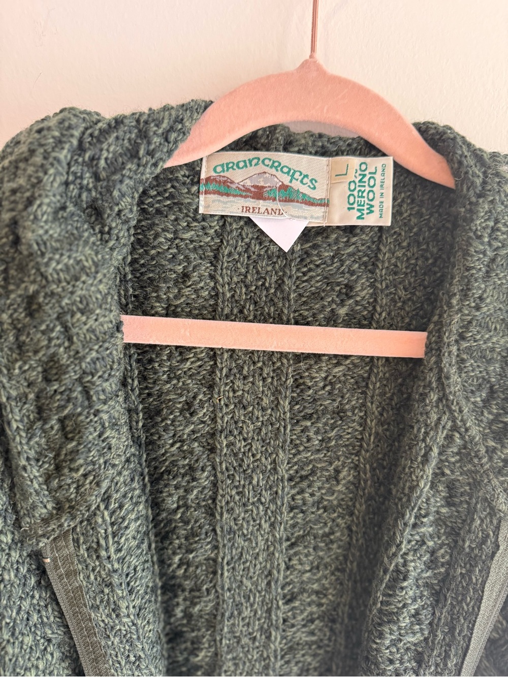 Aran Crafts Olive Green Cable Knit Merino Wool Cardigan